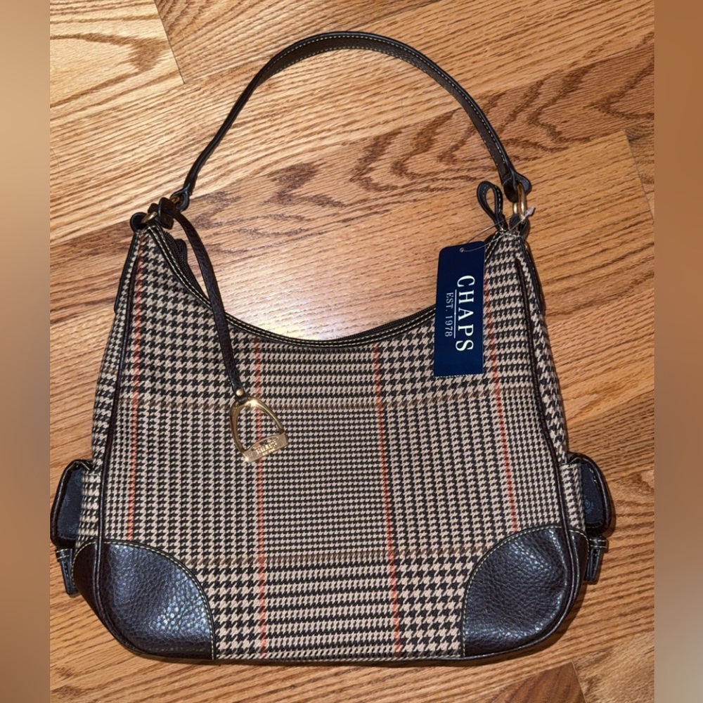 NWT Leather Chaps Houndstooth Hobo Bag - Black and Brown